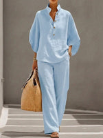 Casual Batwing Sleeve Linen And Cotton Shirt And Trousers Two-piece Set