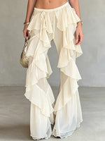 High-waisted Tencel Slight-flare Trousers With Side Lacing And Tiered Ruffles