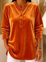 Women's Solid Color Henley Collar Long-sleeved Casual Loose Velvet Top