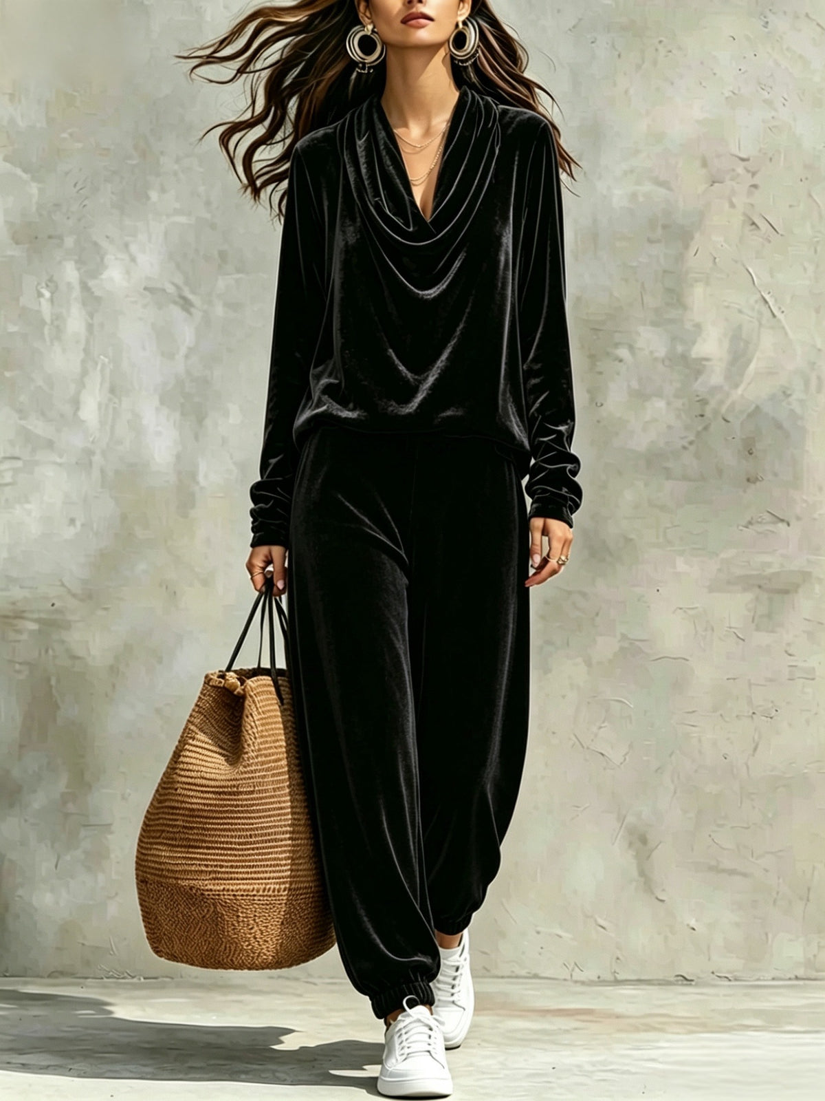 Comfortable And Casual Velvet Cowl-neck Top And Trousers Two-piece Set