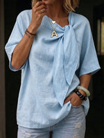 Women's Solid Color Collared 3/4 Sleeve Casual Loose Cotton Linen Top