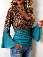 Chic Leopard & Teal Cowl Neck Top