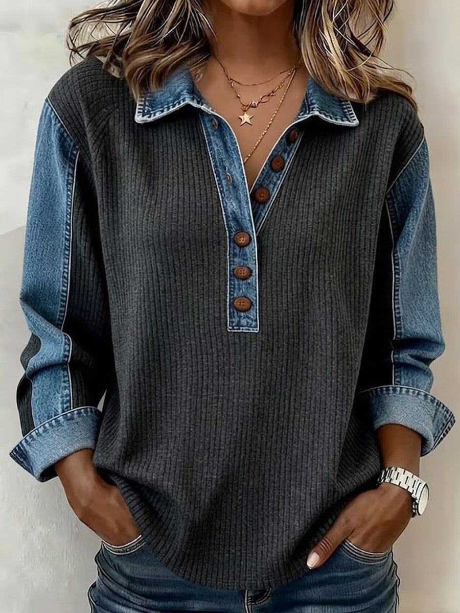 Denim Collar Half Button Vertical Rib Knit Spliced Long Sleeve Top