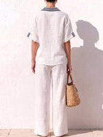 Women's Pullover Collar Short-sleeved Casual Loose Top And High-waisted Wide-leg Pants Cotton And Linen Set