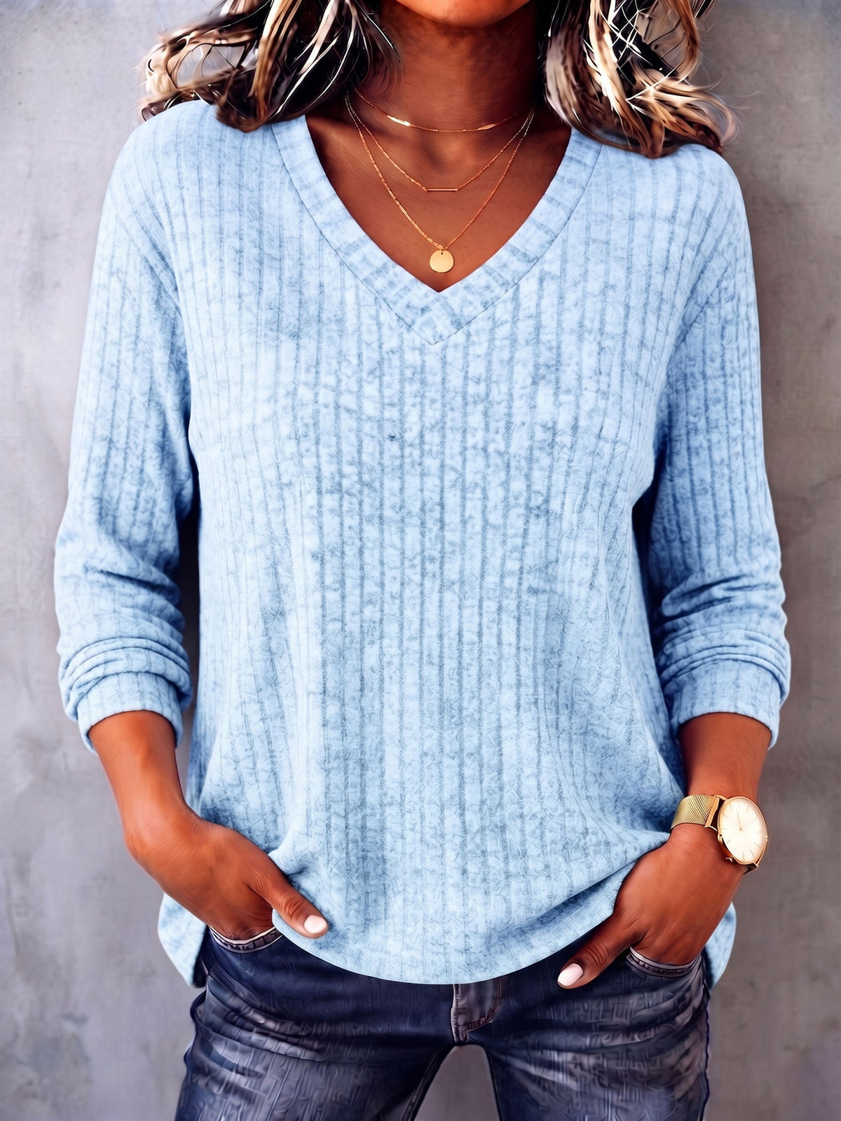 Casual Cozy V-neck Ribbed Knit Top