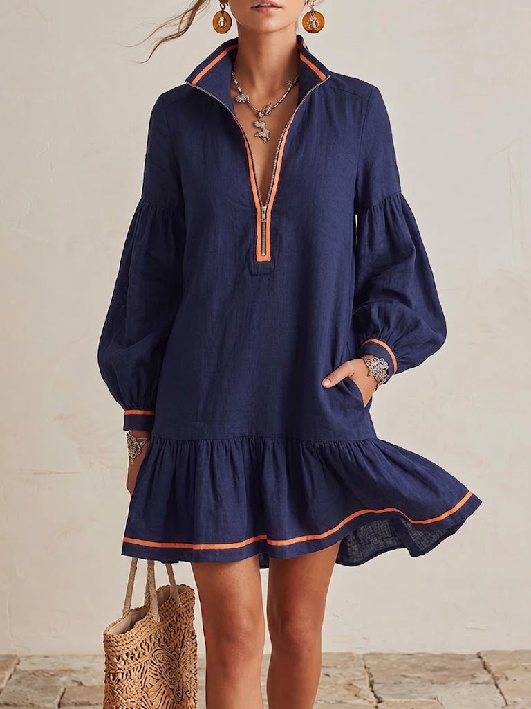 Casual Half-zip Linen-cotton Dress With Contrast Piping
