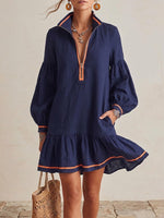 Casual Half-zip Linen-cotton Dress With Contrast Piping