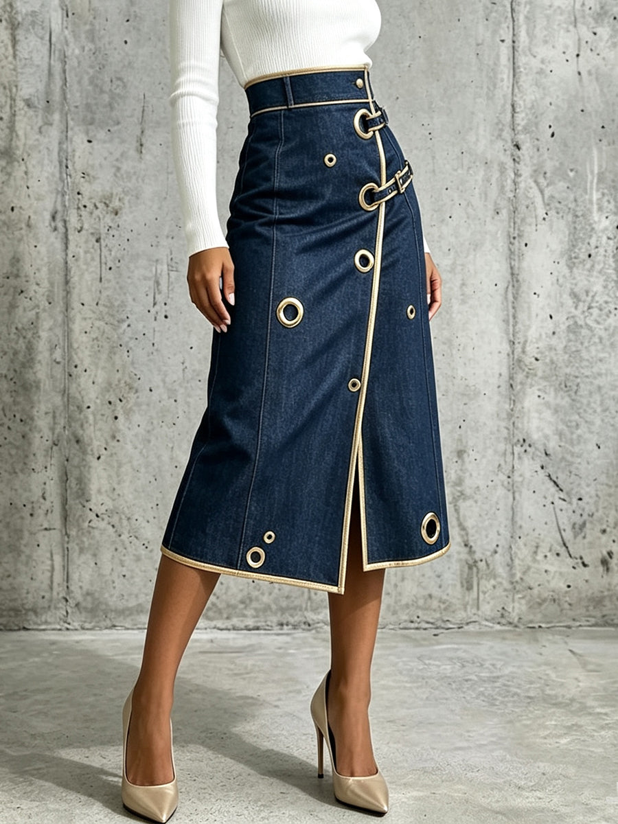 Chic And Refined Denim Midi Skirt With Gold Piping.