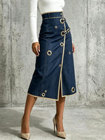 Chic And Refined Denim Midi Skirt With Gold Piping.