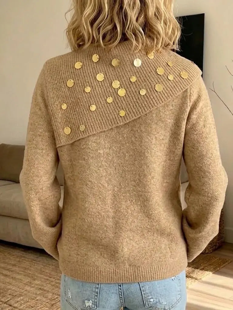 Asymmetrical Gold Sequin Collar Knit Sweater