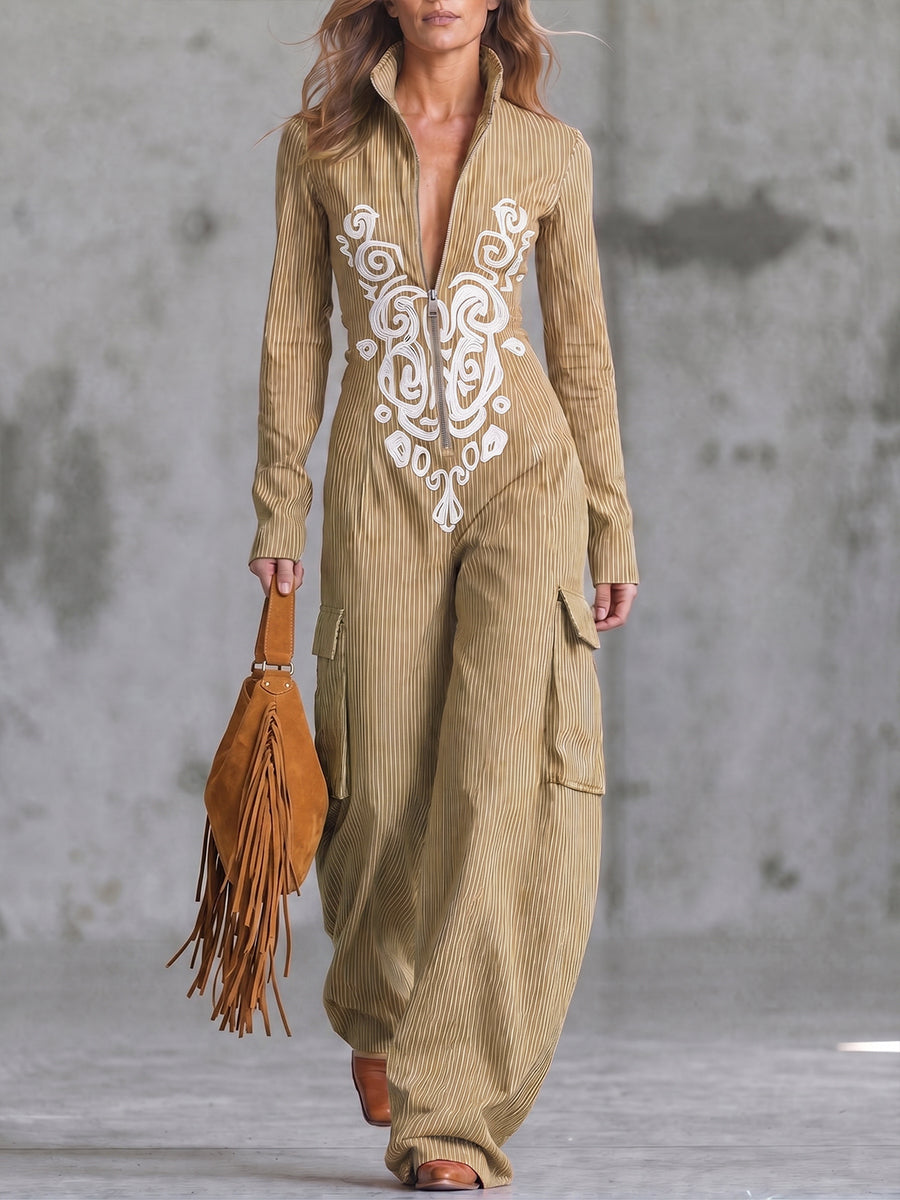Boho-chic Stripe Linen Wide-Leg Jumpsuit