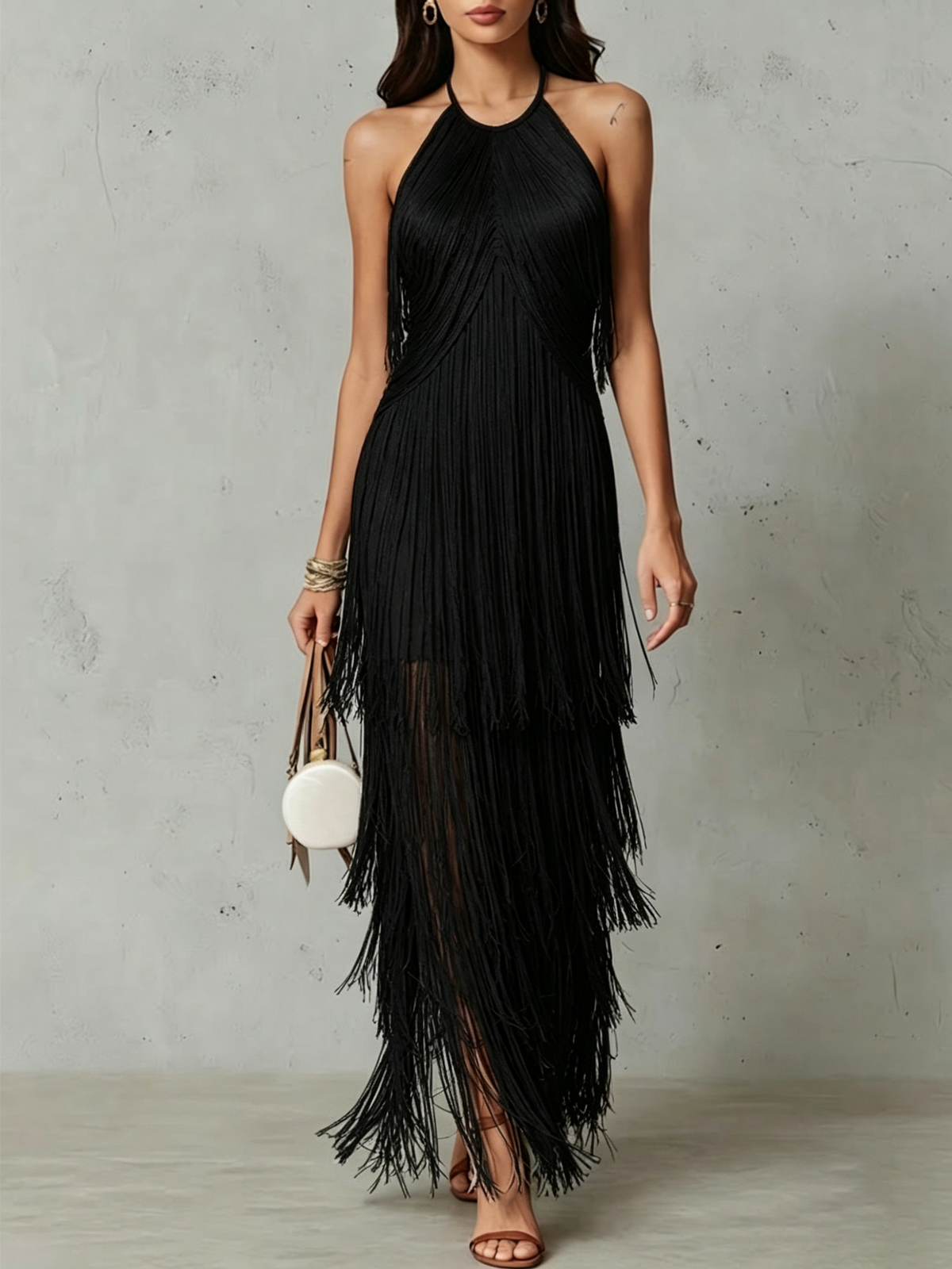 Halter Multi-layer Fringe Fitted Sleeveless Maxi Evening Dress