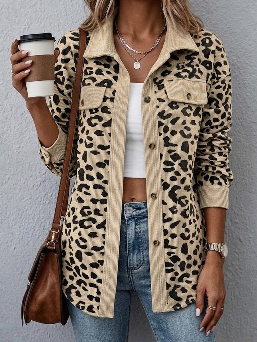 Contrast Rib Collar Leopard Print Corduroy Long Sleeve Shirt Jacket