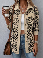Contrast Rib Collar Leopard Print Corduroy Long Sleeve Shirt Jacket