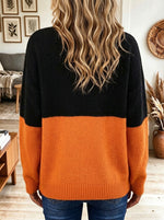 Women's Color Block Cat Jacquard Crew Neck Sweater, Retro Long Sleeve Loose Knit Pullover