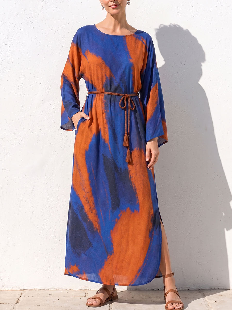 Women's Abstract Print Round Neck Long Sleeve Casual Loose Cotton Linen Dress