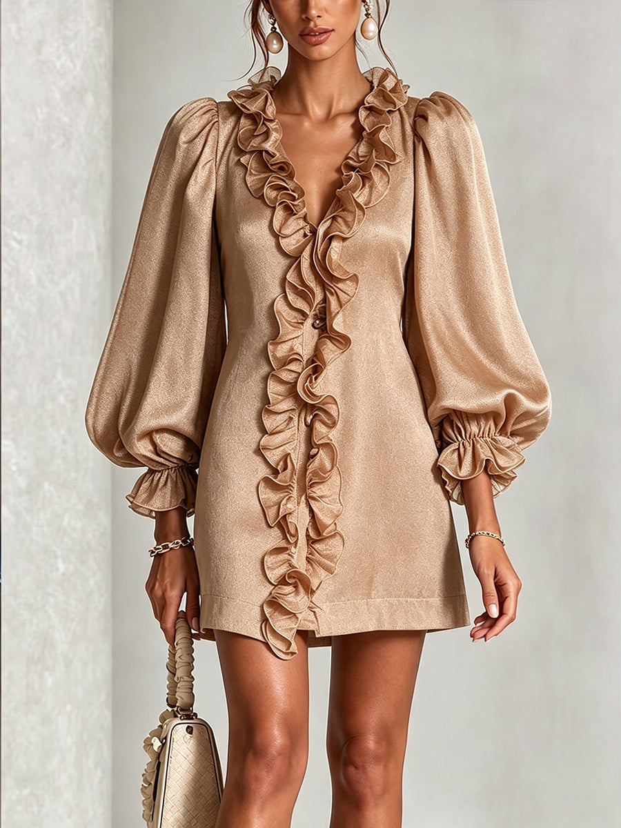 Glamorous Shimmering Organza Ruffled V-neck Mini Dress
