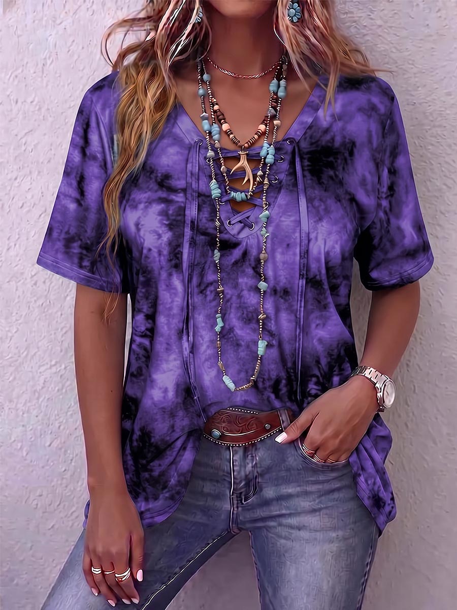 Women's Abstract Print V-neck Tie-waist Short-sleeve Cotton Top