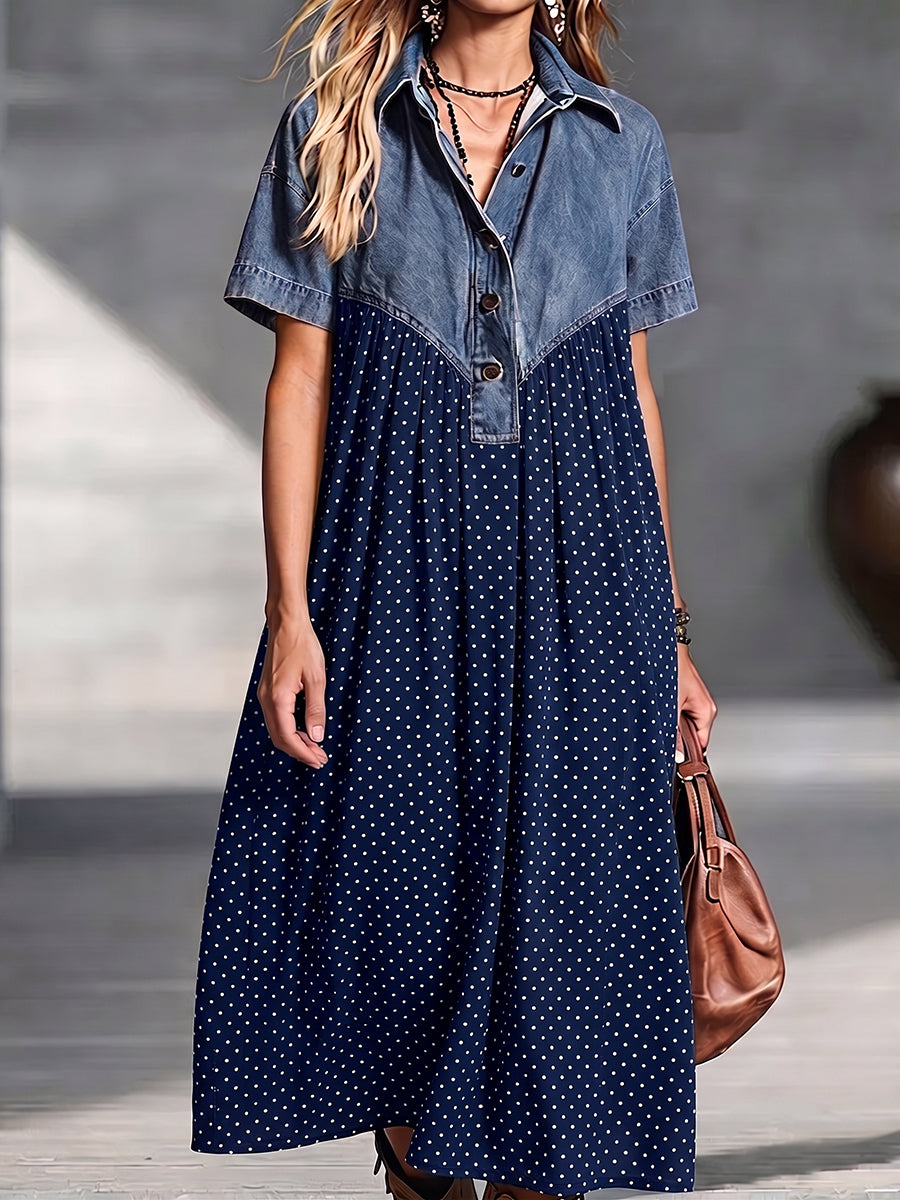 Vintage Denim Spliced Polka Dot Flowing Maxi Dress