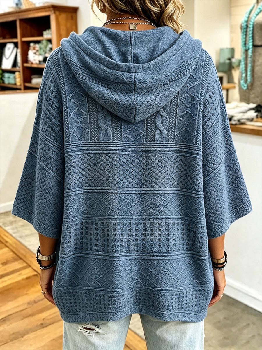 Comfotable Textured Jacquard Oversize Kintted Hooded Pullover
