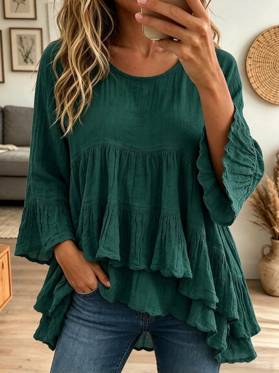 Women Blue Cotton Linen Tiered Ruffle Bell Sleeve Loose Babydoll Blouse