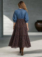 Boho-chic Denim Bodice Long Sleeve Floral Tiered Swing Maxi Dress