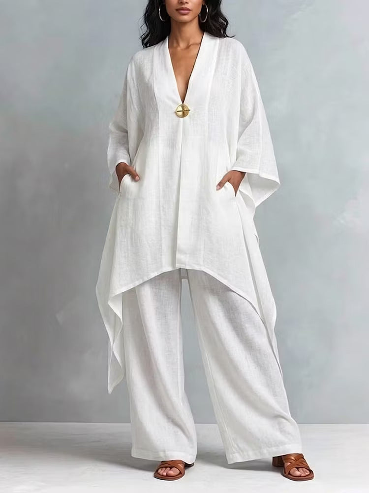 Loose And Cozy Linen-cotton Tunic And Trousers Two-piece Set