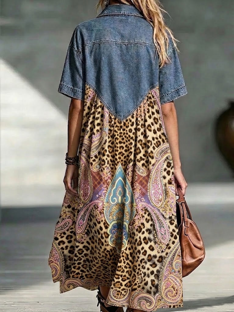 Casual Denim Dress With Leopard And Paisley Print Paneling