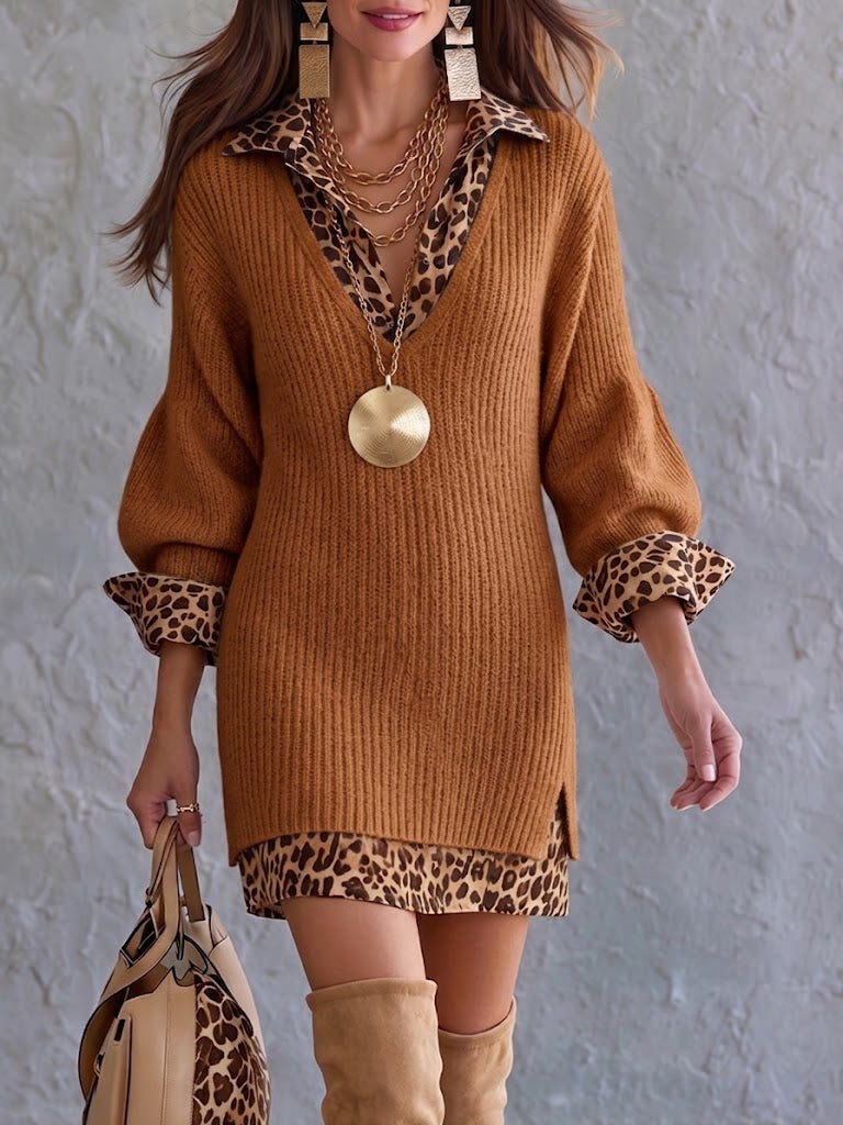 Stylish And Cozy Color-block Leopard Print Mini Knit Dress