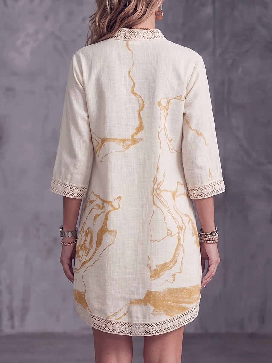 Women's Abstract Print V-neck 3/4 Sleeve Casual Loose Cotton Linen Dress