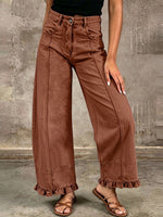 Vintage-Inspired Washed Denim Ruffled Wide-Leg Pants