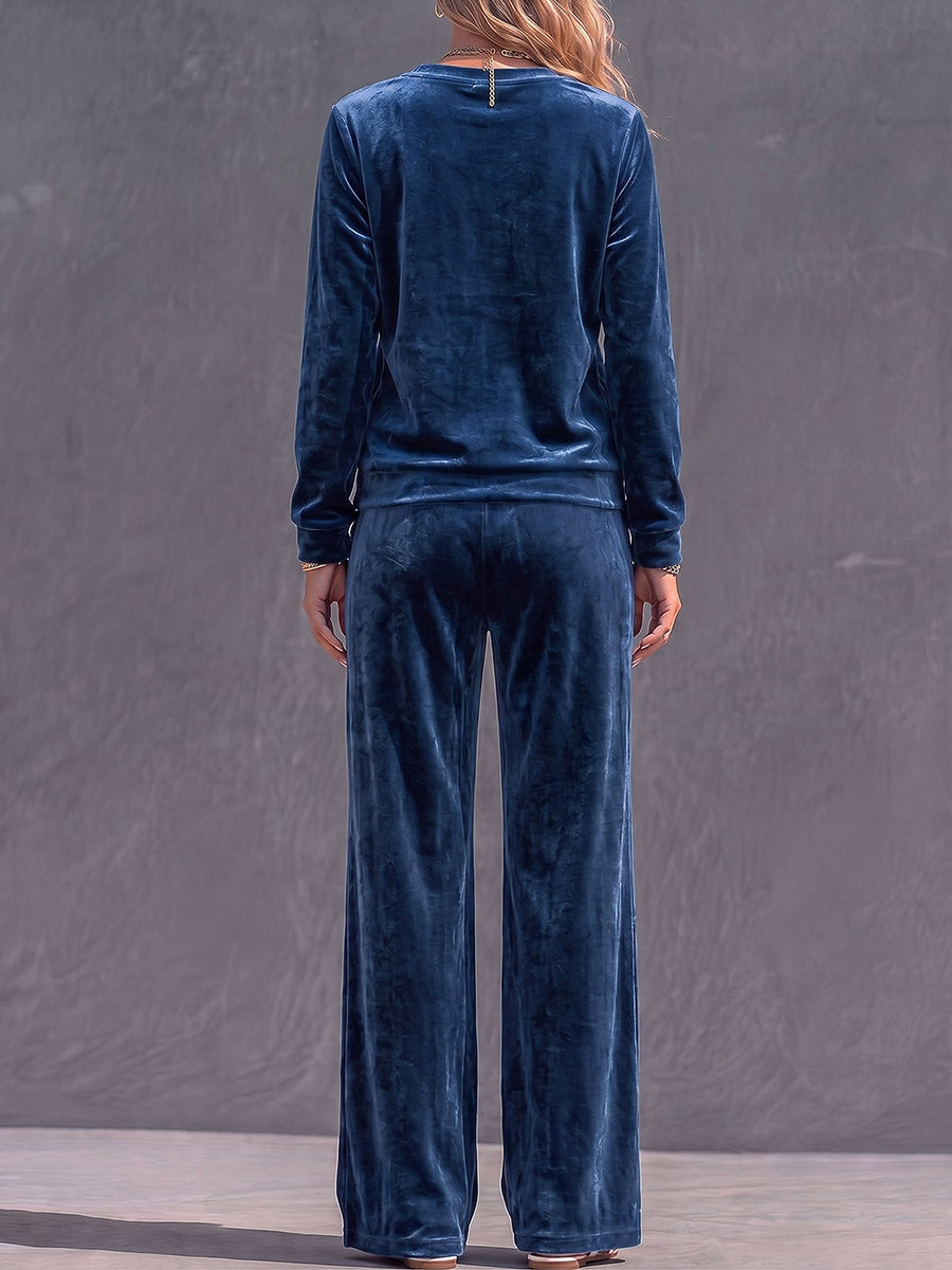 Women's Solid Color Round Neck Long Sleeve Casual Loose Top High Waist Wide Leg Pants Velvet Suit
