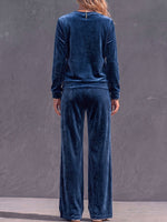 Women's Solid Color Round Neck Long Sleeve Casual Loose Top High Waist Wide Leg Pants Velvet Suit