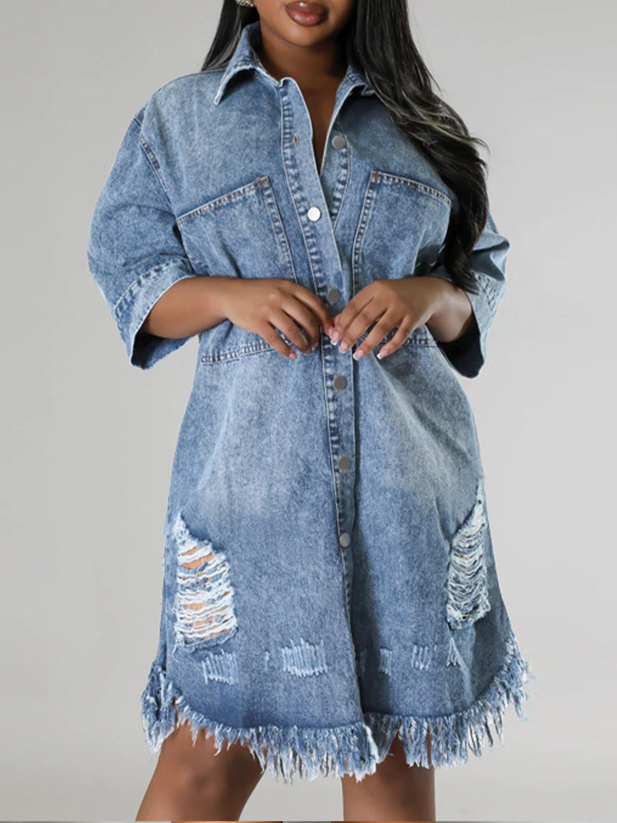 Loose Casual Ruffle Denim Mini Shirt Dress