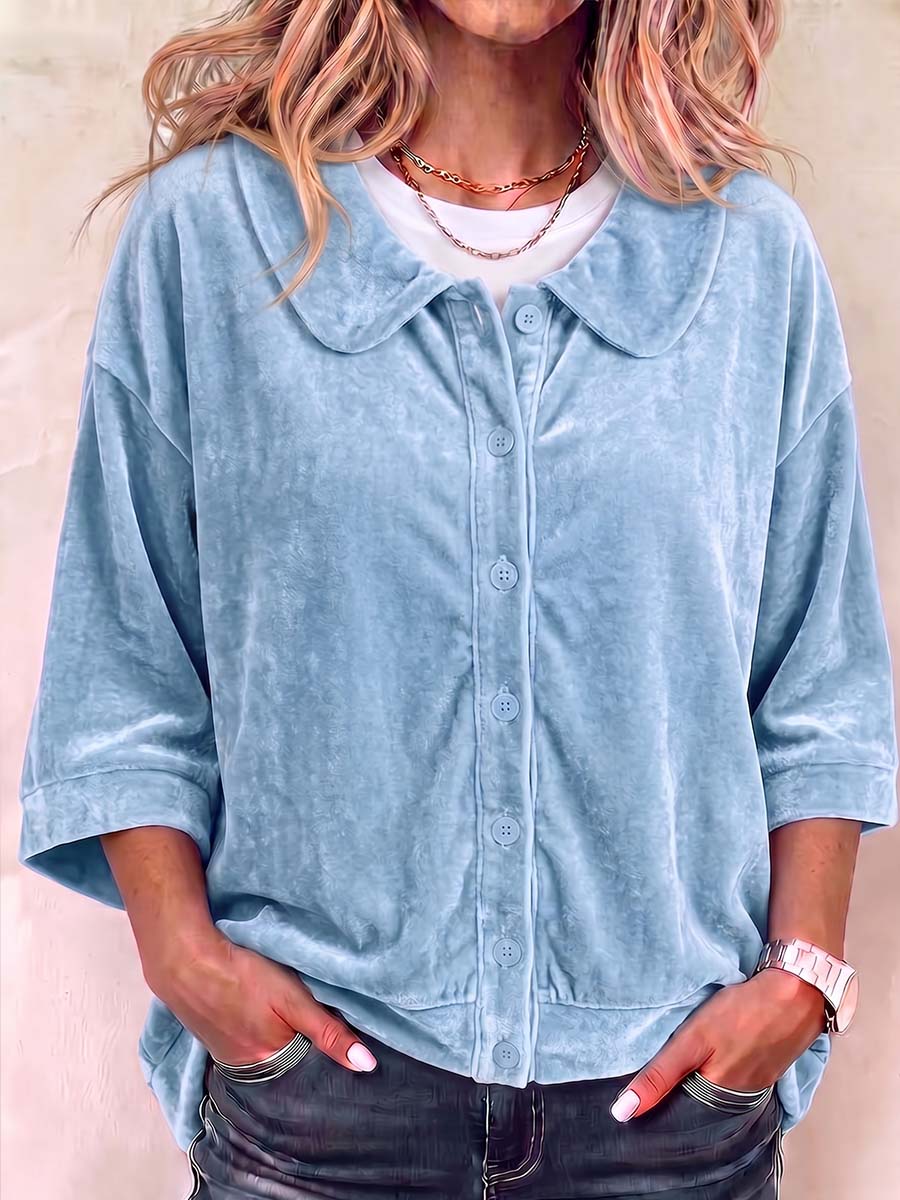 Women's Solid Color Peter Pan Collar 3/4 Sleeve Casual Loose Velvet Cardigan