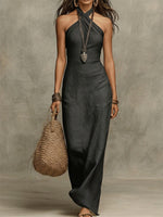 Stylish & Sexy Halter-neck Cotton-linen Maxi Dress