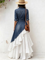 Asymmetrical Denim Patchwork Chiffon Maxi Dress