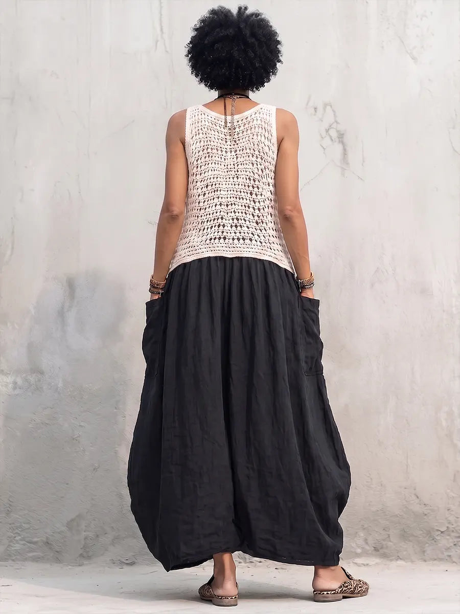 Artistic Knit-Spliced Balloon Maxi Dress
