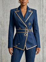 Exquisite And Elegant Denim Blazer With Gold Piping
