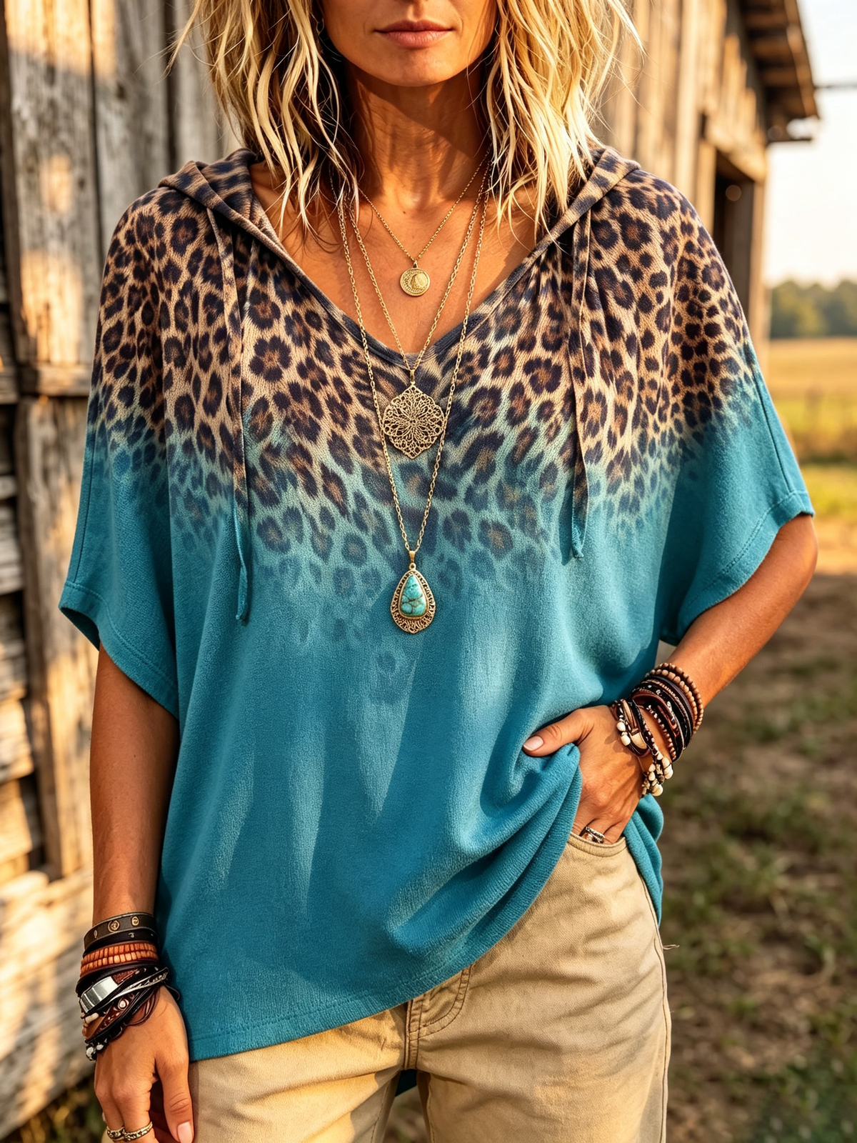 Casual Chic Leopard & Teal Hooded Sweatshirt