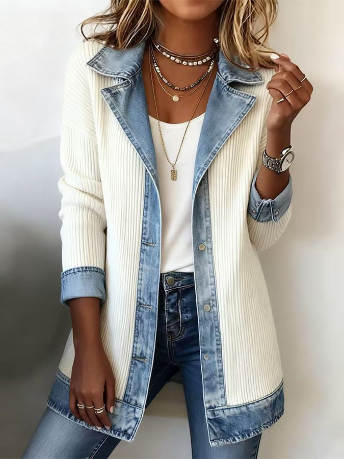 Casual Paneled Ribbed Cotton-blend Denim Jacket