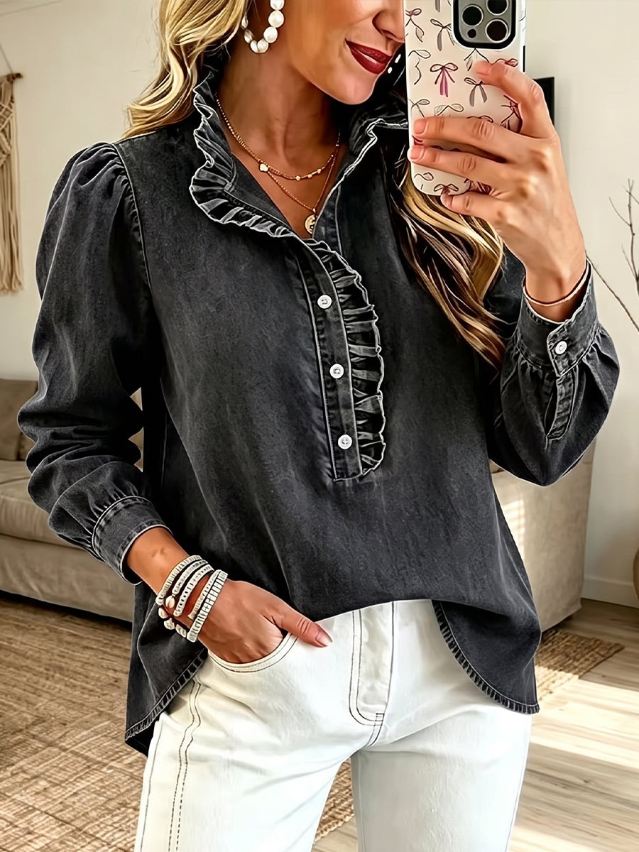 Romantic Ruffled Trim Washed Denim Blouse