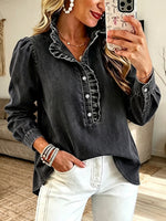 Romantic Ruffled Trim Washed Denim Blouse