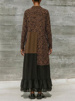 Leopard Color Block Mock Neck Ruffle Maxi Dress