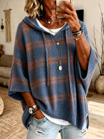 Plaid Hooded Poncho Sweater - Loose Fit Half Sleeve Chunky Knit