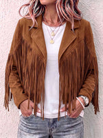 Women's Solid Color Lapel Long-sleeved Casual Loose Tassel Jacket