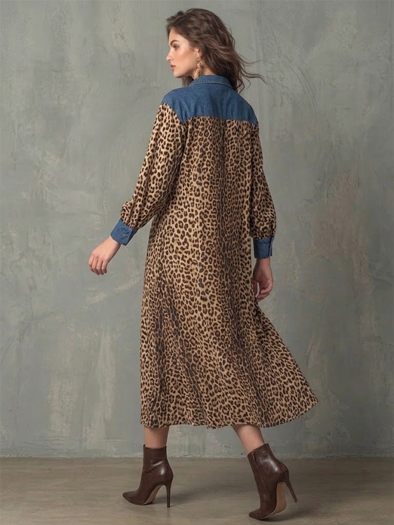Stylish Casual Leopard Print And Denim Patchwork Dress