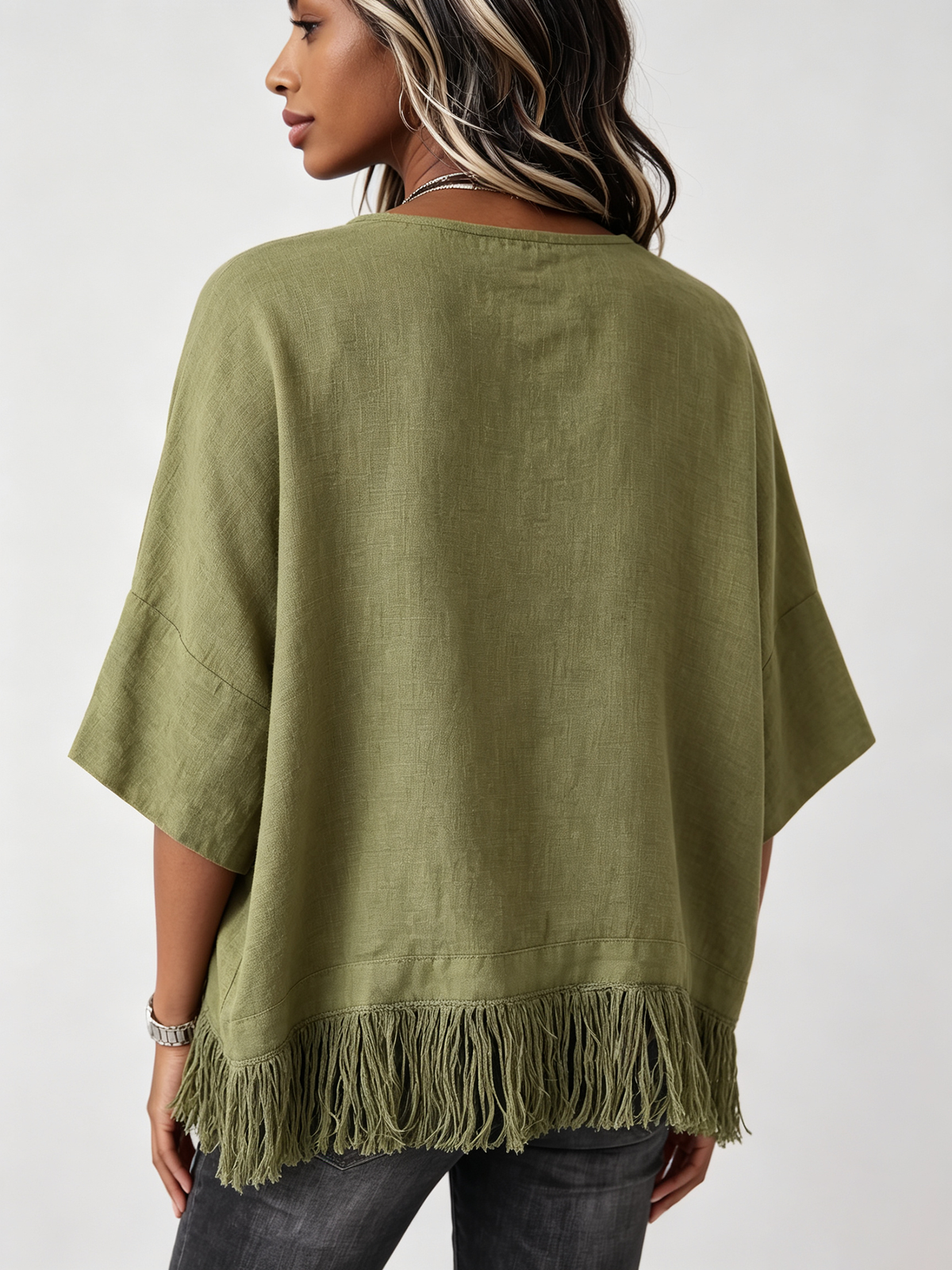 Casual Bohemian Fringed Linen-blend Blouse