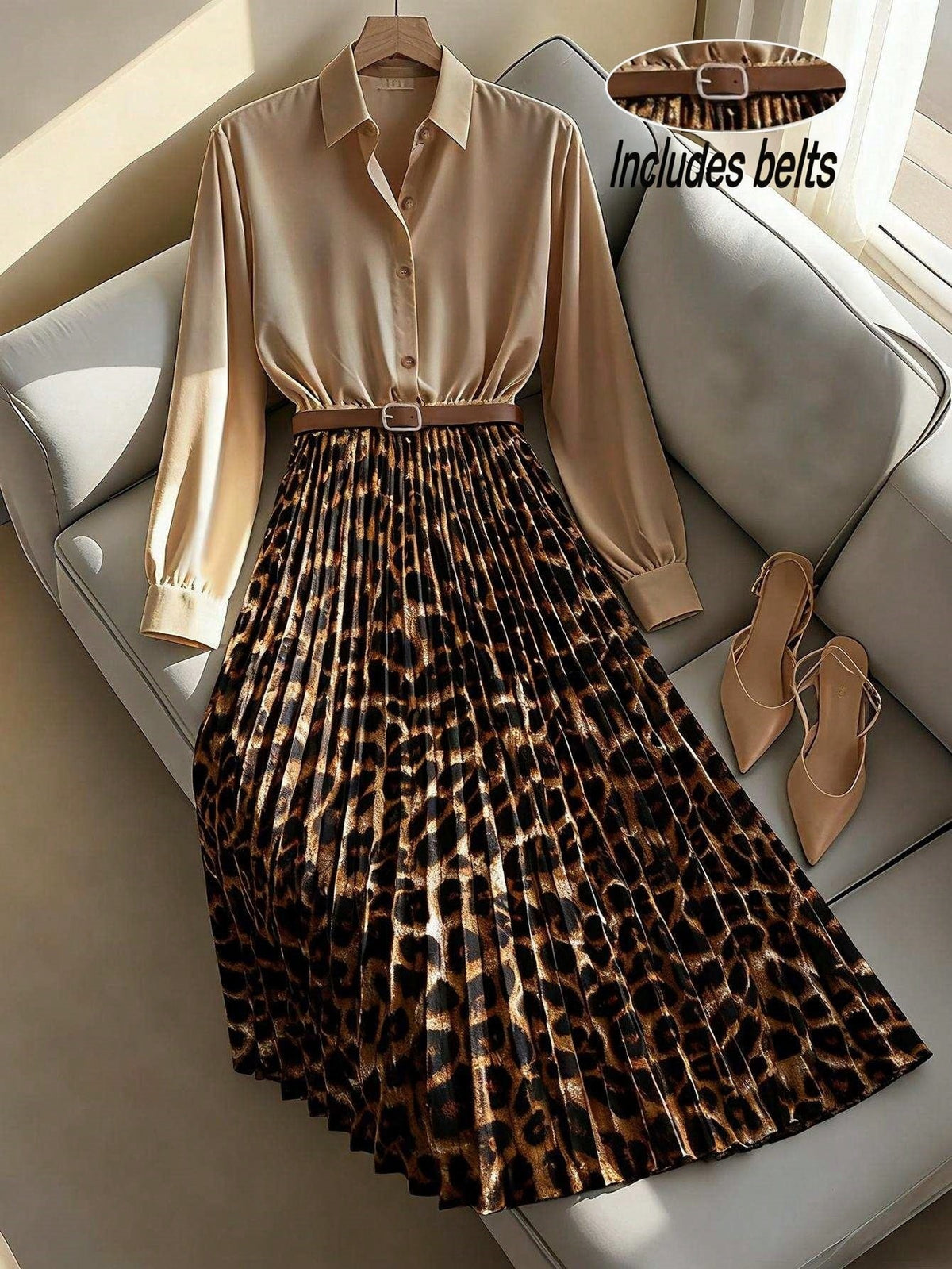 Cozy Apricot Satin Dress With Pleated Leopard Print Panels (includes Belt)