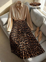 Cozy Apricot Satin Dress With Pleated Leopard Print Panels (includes Belt)